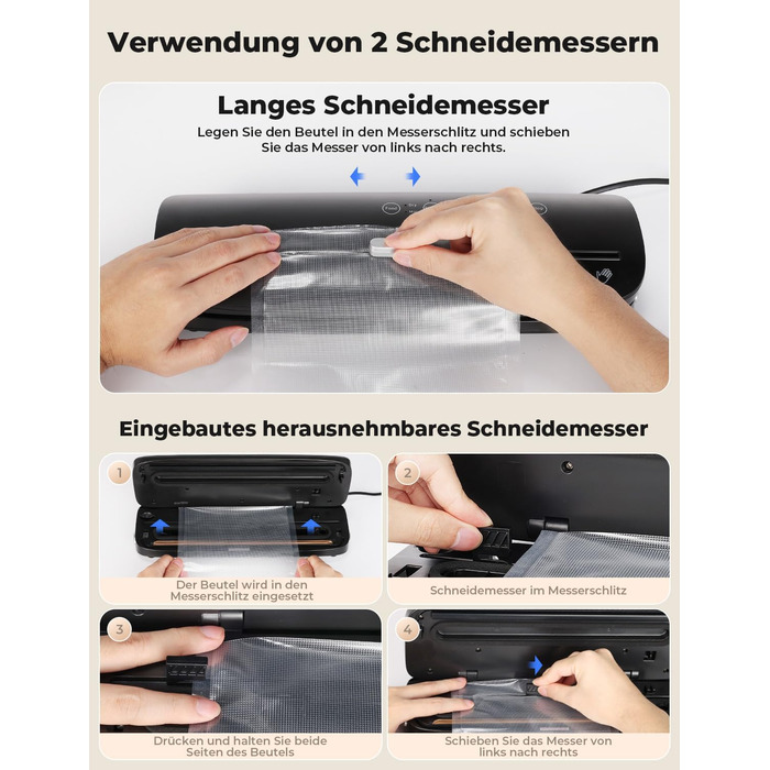 Вакуумний апарат 5 в 1: багатофункціональний вакууматор з вбудованим різаком, вакуумний пакувальник sous vide з 10 пакетами та шлангом, фольгозваріння для продуктів харчування