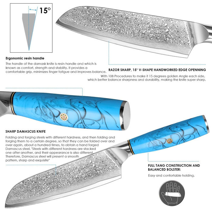 Ніж Kiritsuke Kochmesser Damast від Home Safety: професійний кухонний ніж з лезом 18.8 см з 67 шарів VG-10 Damaststahl, ергономічна ручка з натуральної смоли, подарункова коробка (3 шт)