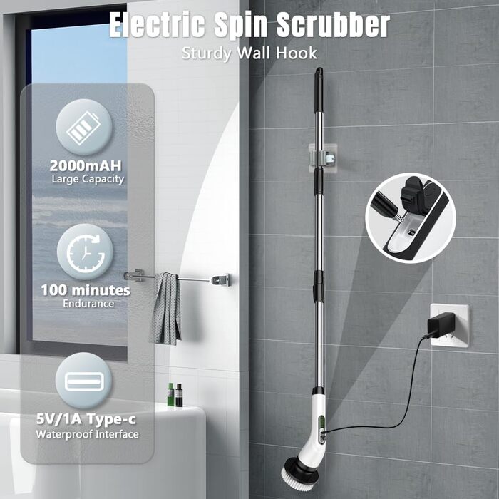 Electric Cleaning Brush, Temodu 7-in-1 Electric Spin Scrubber, Shower Cleaning Brush with Adjustable, 7 Interchangeable Drill Brush Heads for Bathroom/Glass/Tiles/Floor/Car