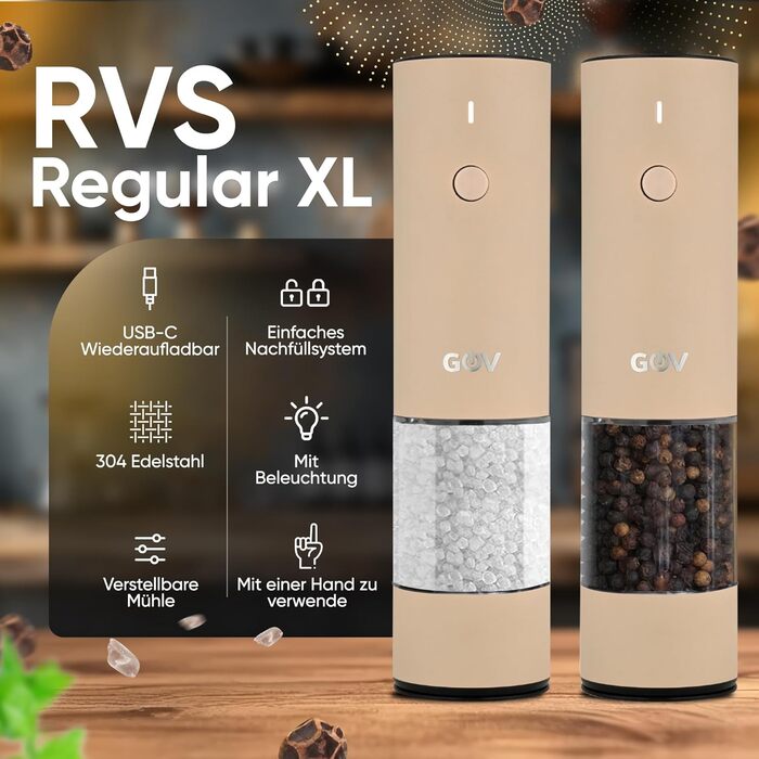 Electric Pepper and Salt Grinder Set - 75 ml Beige Edition - USB-C Rechargeable - 6 Adjustable Grind Sizes - Stylish Beige Stainless Steel Design with LED Light