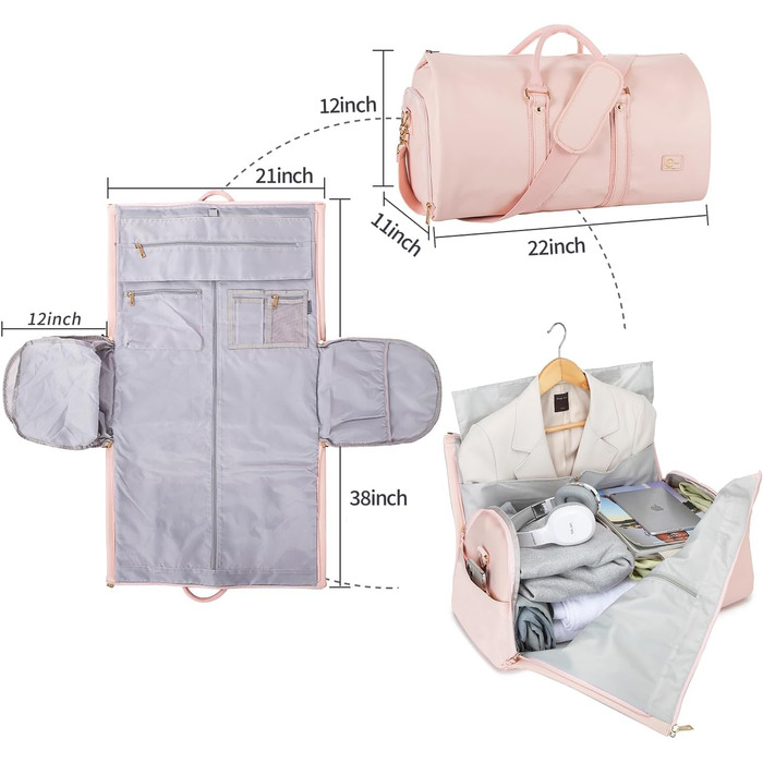 Seyfocnia Convertible Garment Bag for Women, Leather Garment Bags for Travel with Shoe Bag, 2-in-1 Hanging Travel Bags (Pink)