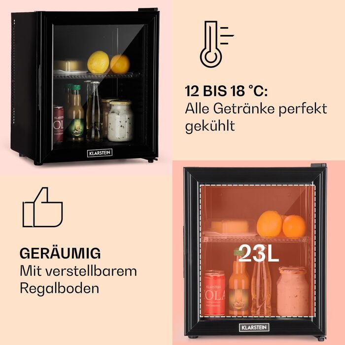 Klarstein 24L Mini Fridge - Compact Refrigerator for Drinks, Snacks & Skincare - Quiet Operation, Adjustable Shelves - Black