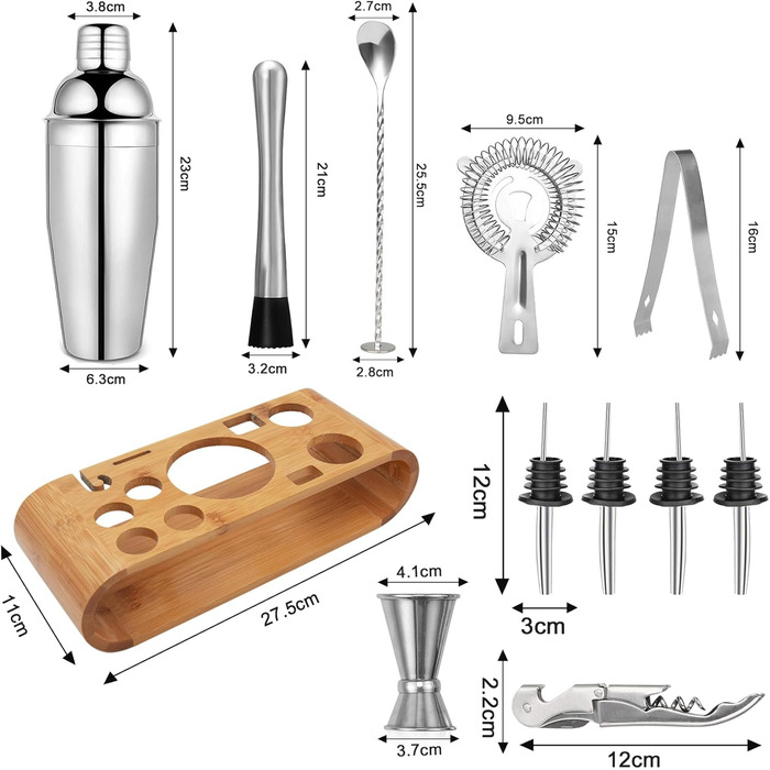 Набір для коктейлів, нержавіюча сталь, 750 мл, 12 предметів, професійний барний аксесуар для дому та бару
