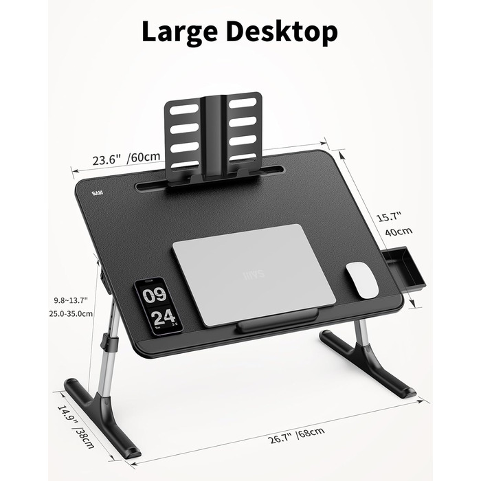 Зламаний столик SAIJI 60x40 см: регульована висота, підставка для книг, ящик, столик для ноутбука/планшета, чорний