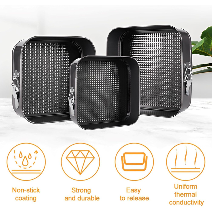 Набір форм для випікання тортів та кексів, квадратні, чорні, металеві, знімний дно, антипригарне покриття