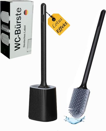 Силіконова щітка для унітазу R&B German Label – плоска, з кріпленням на стіну без свердління, з довгим руків'ям та швидковисихаючим контейнером – для миття унітазу та бордюру – білий/чорний (чорний/сірий)