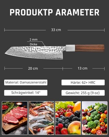 Ніж кухарський Yotsuba Damastmesser, 20 см, сталь, професійний, ергономічна рукоятка, ніж Сантоку 18 см