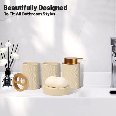 Набір аксесуарів для ванної кімнати з кераміки, 4 шт. (дозатор для миючого засобу, тримач для зубних щіток, органайзер для косметики, склянка), сучасний декор для ванної, бежевий