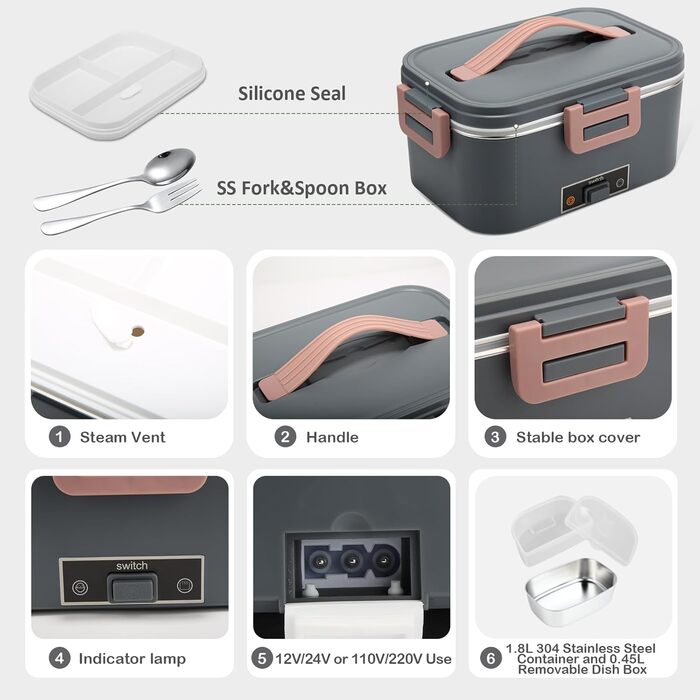 Electric Lunch Box 100W, 3-in-1 Portable Heated Lunch Box, 1.8L Stainless Steel Removable Food Container, 12V/24V/220V Insulated Food Warmer Box for Car/Truck/Office (Gray, 1.8 L)