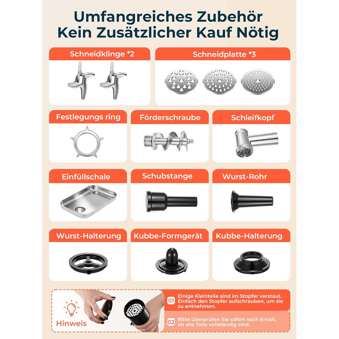 М'ясорубка електрична Fohere 2000 Вт з насадками для ковбас та кубів, 3 диски (7/5/3 мм), чорна