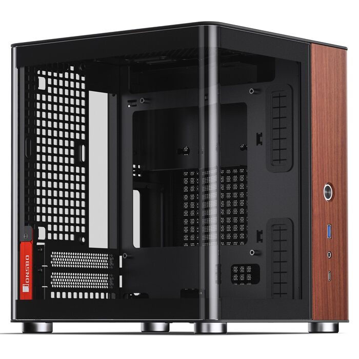 Корпус для ПК Jonsbo TK-0 Mini-ITX, чорний — SFF корпус із загартованим склом та дерев'яними елементами, підтримка відеокарт до 230мм, USB-C