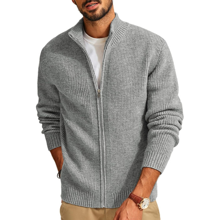 Чоловіча в'язана куртка-трікжак PJ PAUL JONE з коміром-стійкою та блискавкою, світло-сіра (L)