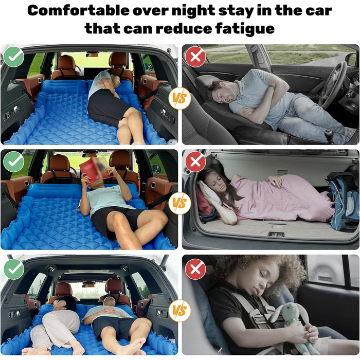 Автоматичний килимок для авто SUV, 2 особи, повітряний матрац для подорожей та кемпінгу, самонадувний килимок з насосом та подушками, надувне ліжко для кемпінгу 183*13*7 см, матеріал: Pu, колір: чорний, в комплекті: синій та сірий плед