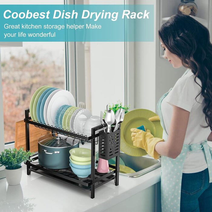 Dish Drying Rack, Dish Basket, Dish Drying Rack for Dishes, Dish Drying Stand, Dish Drying Rack for Countertop Sink Organizer (White) (Two-Tier)