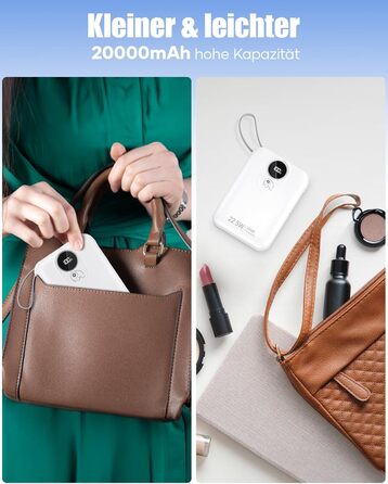 Power Bank 20000mAh з інтегрованим кабелем: Швидка зарядка 22.5W, USB C (вхід та вихід), акумулятор для мобільного телефону, Powerbank з 4 виходами та 2 входами, білий