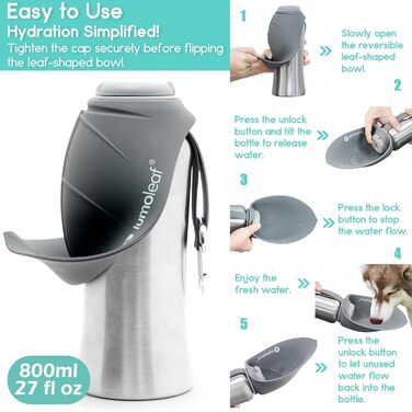 LumoLeaf Stainless Steel Dog Water Bottle - 800ml Portable Pet Water Dispenser for Travel, Hiking & Camping (Gray)