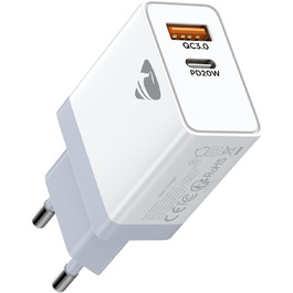 Зарядний пристрій USB C з двома портами, 20W, PD 3.0, Power Adapter з кабелем USB C - USB C 2м, для iPhone, Samsung та інших смартфонів, білий