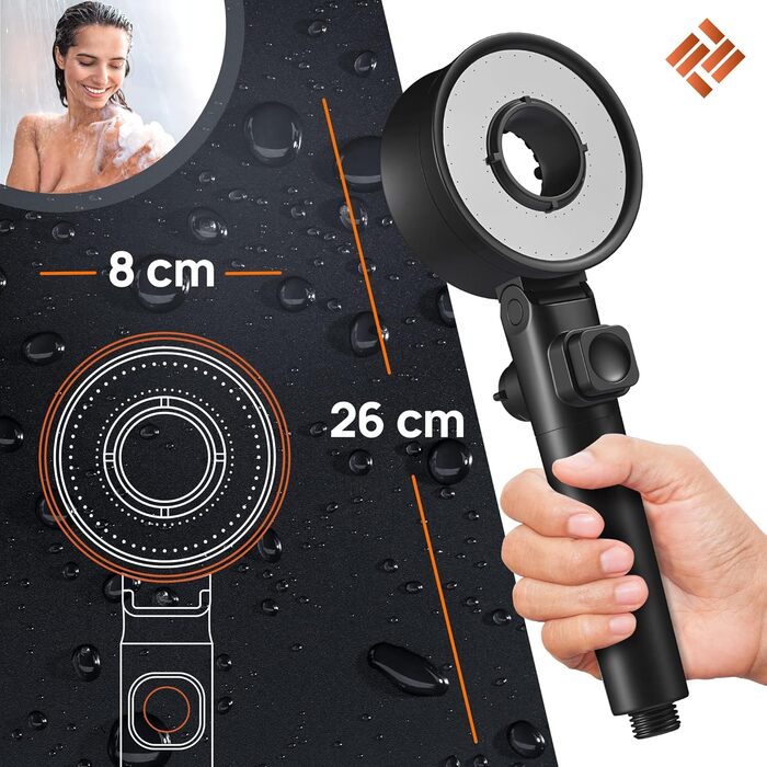 POWERLAP® Showerhead with Filter & Mounting Tool | PP Cotton Filter Showerhead for Cleaned & Softer Water | Booster Mode for Perfect Water Pressure in Your Shower (Matt Schwarz)