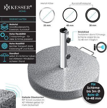 KESSER® Granit Parasol Stand with Stainless Steel Tube, High-Quality Round Base Stand 30KG - for Umbrella Poles up to 16-48 mm, Incl. Transport Handle Garden Balcony Parasol Stand, Grey