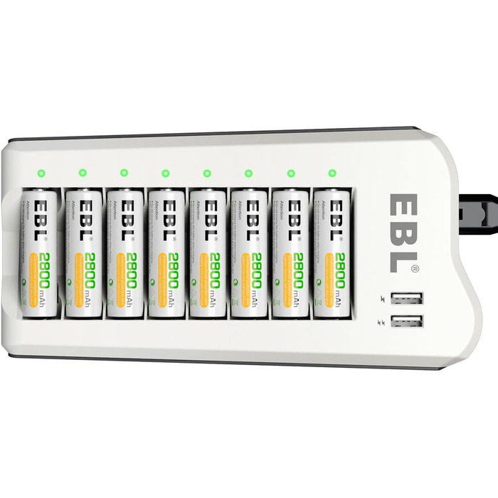 Зарядний пристрій EBL для акумуляторів AA AAA (NI-MH, NI-Cd) та USB пристроїв, 8 слотів, LED дисплей, 2 USB порти
