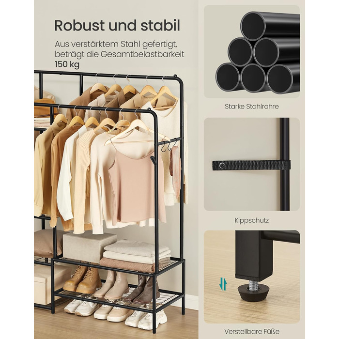 SONGMICS Стійка для одягу, відкрита шафа, вішалка для одягу з 7 полицями, металевий каркас, перекладина для одягу, для спальні, вітальні, передпокою, чорна HSR182B01, чорний, 115,8 см