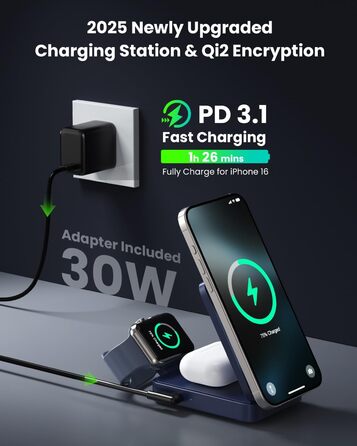 3-в-1 Бездротовий зарядний пристрій з MagSafe, Qi2, для iPhone 16/15/14/13/12, Apple Watch, AirPods, білий (блакитний)