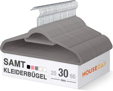 Набір вешалок для одягу HOUSE DAY, 30 шт., велюрові, преміум-якість, обертаються на 360°, сірі