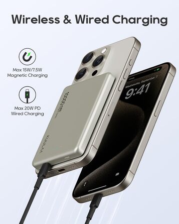 Power Bank Kuulaa MagSafe 10000 mAh, 20W, Тонкий, Магнітний, для iPhone, Space Grey (Natural Titanium)
