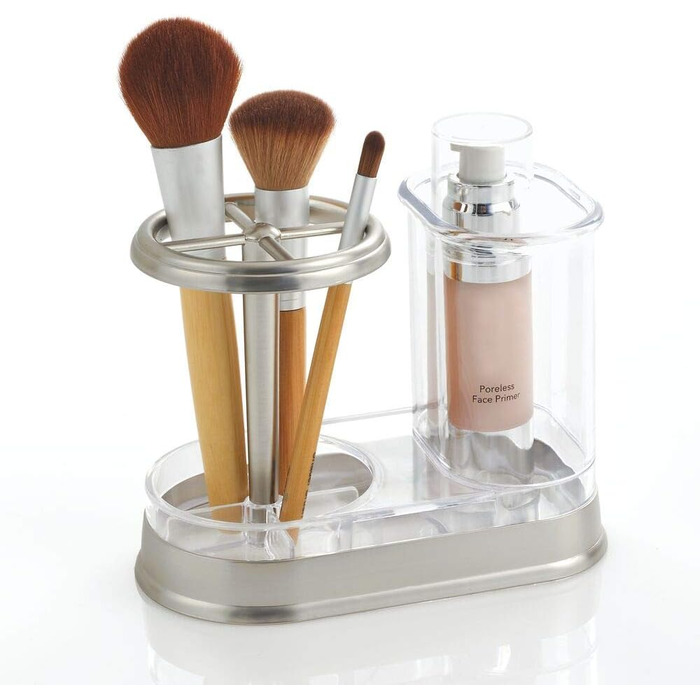 mDesign Toothbrush Holder - high-quality toothbrush cup made of plastic for bathroom sink or vanity - practical holder for toothbrushes and toothpaste - white and matte silver (Transparent/Brushed)