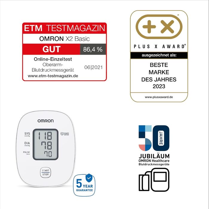 Тонометр OMRON X2 Smart+ з Bluetooth, клінічно перевірений, для вимірювання артеріального тиску, з безкоштовним додатком, універсальна манжета 22-42 см