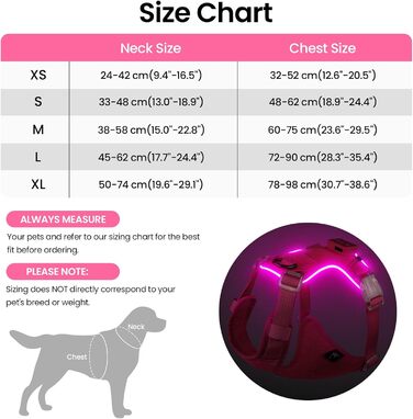 Світлодіодна шлейка для собак з підсвічуванням, світловідбиваюча, регульована, рожева, XL