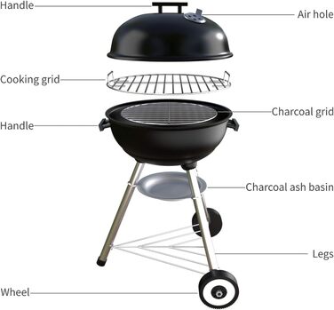 Charcoal grill, portable, round, with lid, double wheels, grill on stand, φ 41 cm, height 70 cm, black