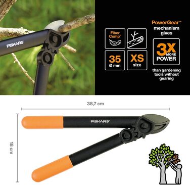 Секатор Fiskars PowerGear L31 для сухої та твердої деревини, 39 см, антиадгезійне покриття, загартована сталь, чорний/помаранчевий