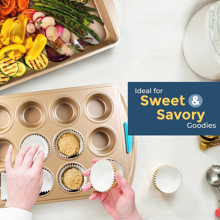 Набір для випічки Perlli Gold Steel 10 предметів з антипригарним покриттям, нержавіюча сталь, з силіконовими ручками. Включає: кекс-форми, круглі форми для тортів, форма для випічки 9x13 з кришкою, кексова форма, глибока форма.