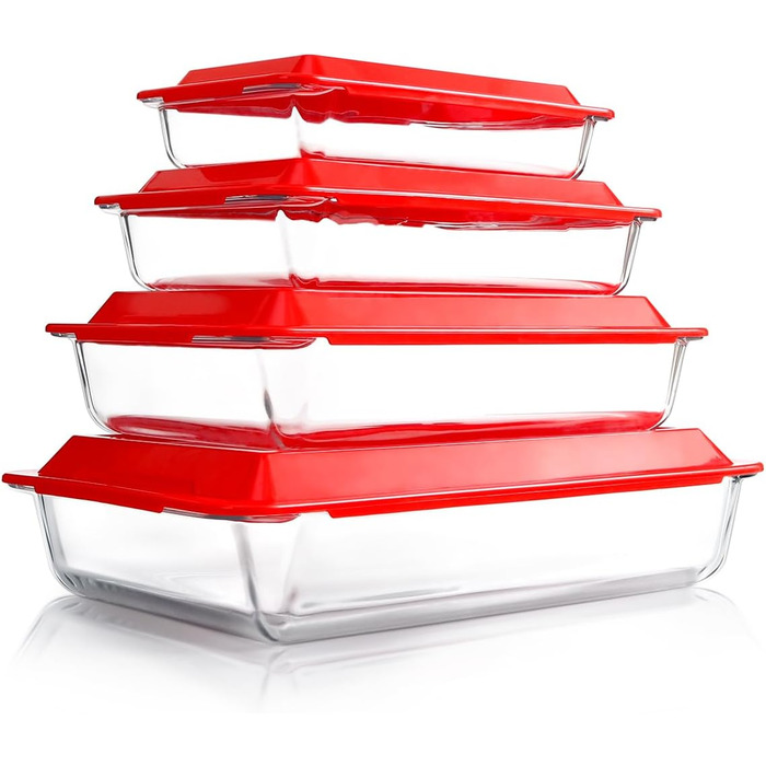 Set of 4 Glass Casserole Dishes with Lids, 1+1.7+2.8+4.2L - Lasagna Dish for Oven (NOT THE LID), Rectangular, Glass Storage Containers with Plastic Lid Rectangular with Lid - 1+1.7+2.8+4.2L