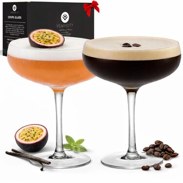 Набір келихів для мартини Vemacity Elegante Espresso Martini (4 шт.) | Келихи для коктейлів ручної роботи | Келихи для шампанського та маргарити | Прозорі келихи для мартини | Ідеальний подарунок (2 келихи + аксесуари)