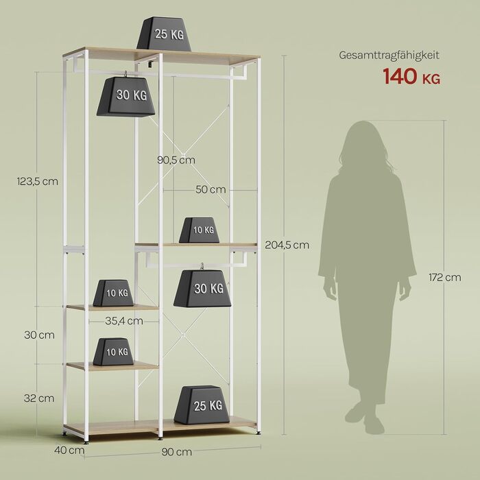 Вільна вішалка для одягу WOLTU з полицею, для спальні/коридору, стабільна, з дерева та металу, білий + світлий дуб