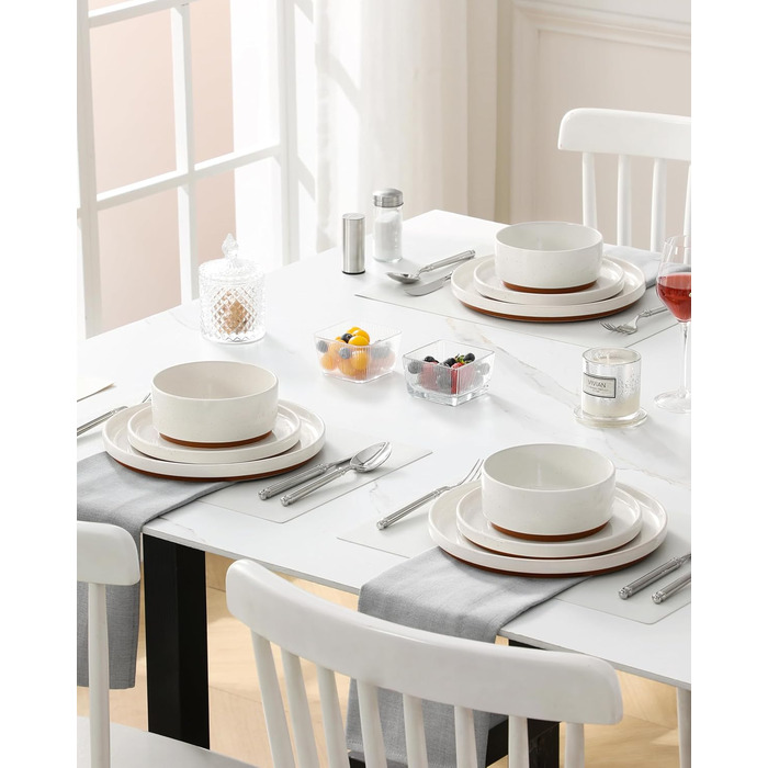 MALACASA Набір посуду з каменю 6 осіб, 18 предметів: тарілки, миски, супи, кераміка, білий з коричневим, посуд для сервірування столу