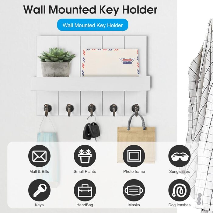 Дерев'яне ключниця з поличкою, 5 гачків, для прихожої, спальні, вітальні, білий колір
