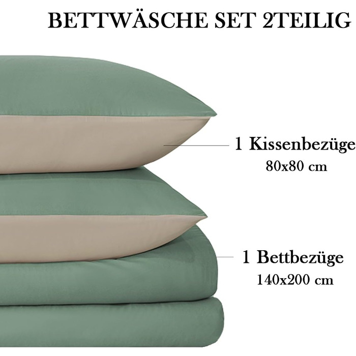 Комплект постільної білизни 135x200 (4 частини) з мікрофібри, двостороння, м'яка та без прасування. Включає: простирадло 135x200, 2 наволочки 80x80 см (з блискавкою). Колір: пастельно-зелений/теплий бежевий