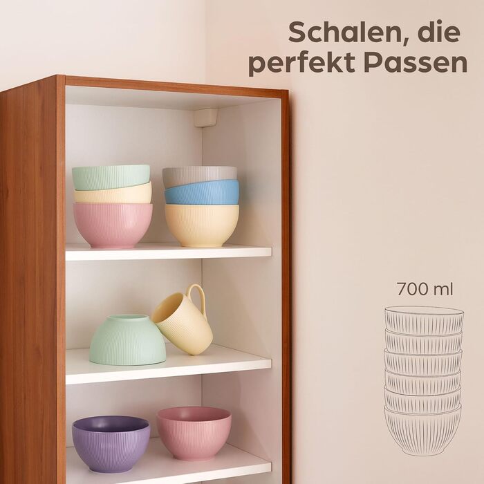 Набір мисок для мюслі Praknu (6 шт.) 700 мл - кераміка, кольорові, матові - великі супові миски, підходять для мікрохвильової печі та посудомийної машини - ідеальний розмір для мюслі, супів або салату