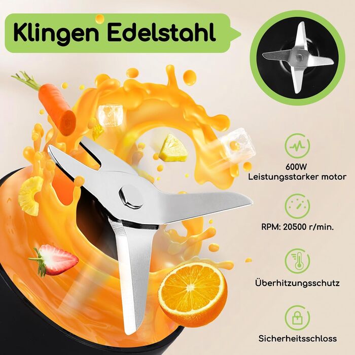 Блендер Aigostar для смузі, Mini Standmixer, 600W, 2 пляшки 800мл з кришкою, 2 швидкості + імпульсний режим, подрібнення льоду, пляшка Tritan, без BPA. Baron