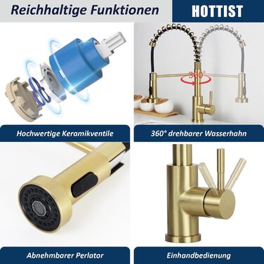Чорний кухонний змішувач з висувною лійкою, високий поворотний вилив, 2 режими розпилення, шланговий, нержавіюча сталь, матове золото