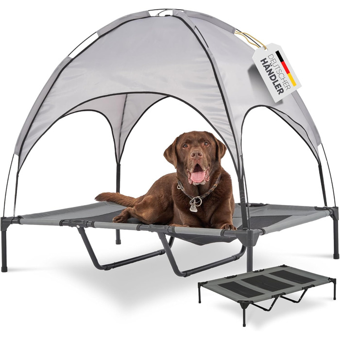 Підвищене лежання для собак з дахом, для саду та вулиці, XL, 122x91x23/114 см, сірий