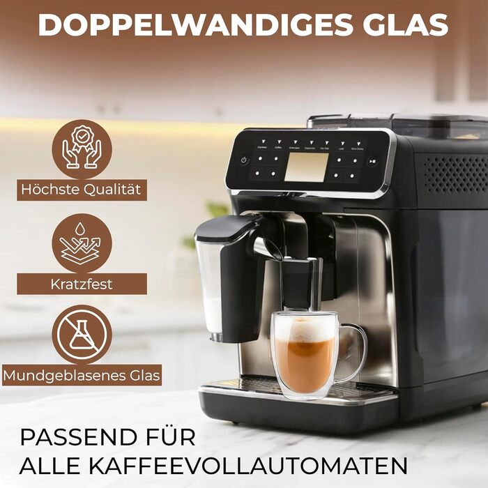 Набір склянок для лате макіато Zobel 350 мл (4 шт.) з ручкою, подвійні стінки, боросилікатне скло, з підставками та ложками, для посудомийної машини, термостійкі