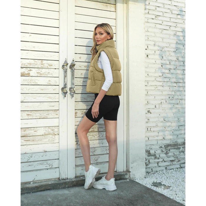 Жіноча укорочена пухова жилетка Polu, хакі, з коміром-стійкою, утеплена, легка, базова (S)