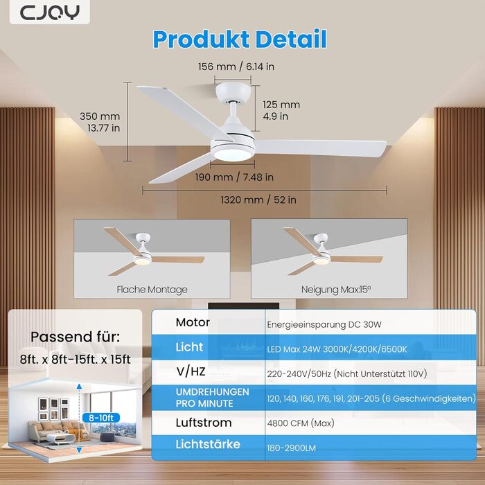 Стеляний вентилятор CJOY з підсвічуванням, 107 см, з пультом керування, тихий, DC, реверсивний, пам'ять 3CCT, диммування, 6 швидкостей, таймер для спальні (132 см, білий)