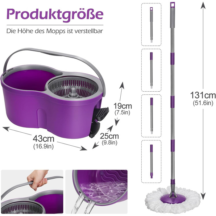 MASTERTOP Набір для миття підлоги з відром, моп з нержавіючою сталею та 3 мікрофібровими накладками, професійний набір для миття підлоги з відром та функцією віджиму - фіолетовий