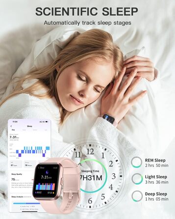 Розумний годинник для жінок з функцією телефону, 1.7' сенсорний екран, крокомір, пульсометр, моніторинг сну, SpO2, нагадування WhatsApp, IP68 водонепроникність, фітнес-трекер, рожевий