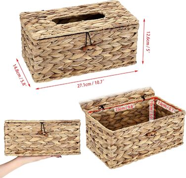 SUMNAKON Brown Rattan Tissue Box with Lid, Cosmetic Tissue Boxes, Napkin Storage Box for Bathroom, Living Room, Office, Restaurant, Crafts (Rectangle, Large)